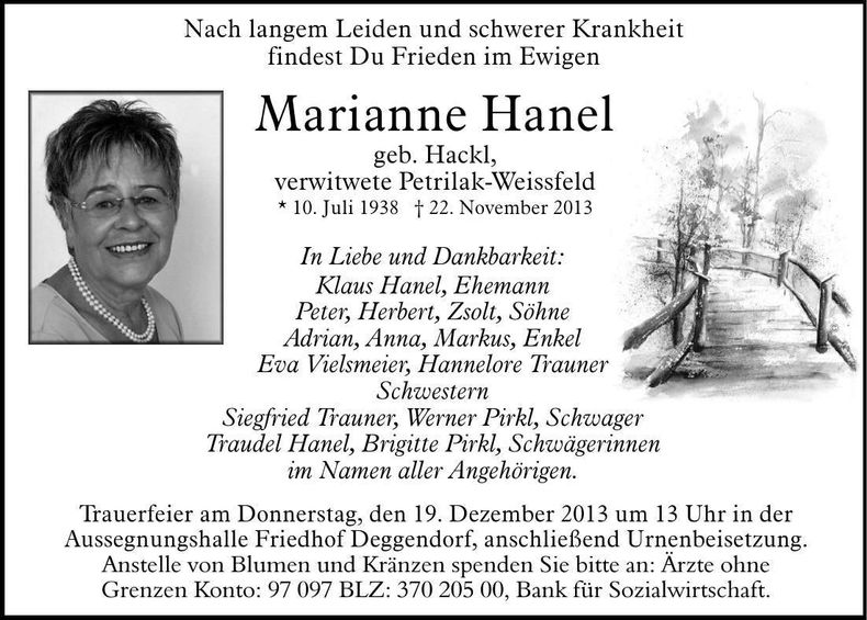 Traueranzeige Marianne Hanel