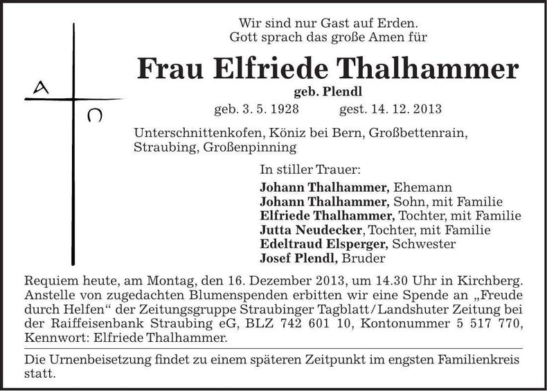 Traueranzeige Elfriede Thalhammer