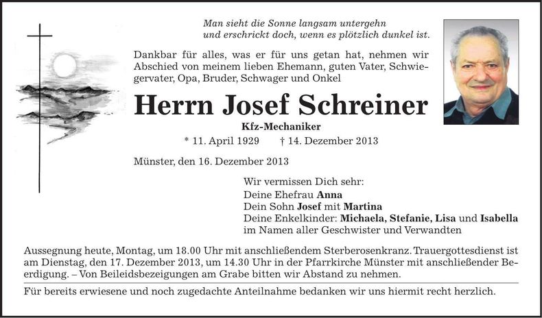 Traueranzeige Josef Schreiner
