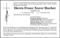 Traueranzeige Franz Xaver Bucher
