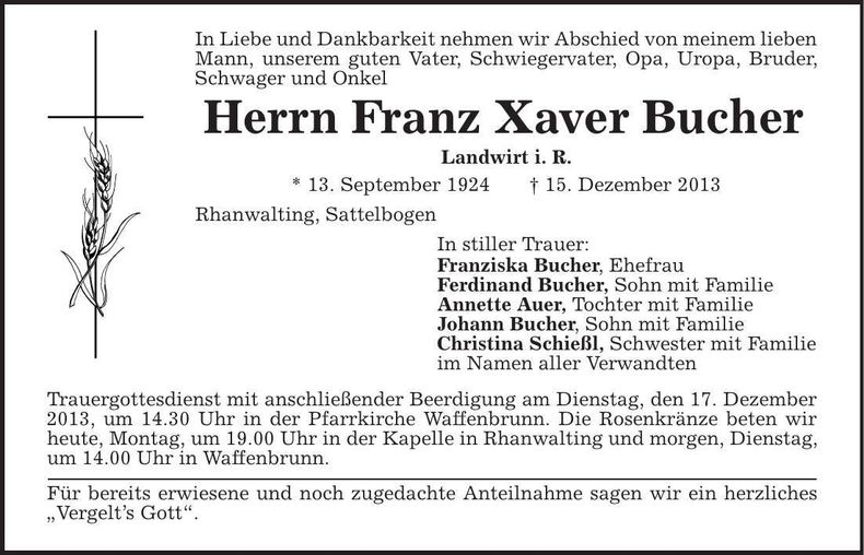 Traueranzeige Franz Xaver Bucher