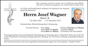 Traueranzeige Josef Wagner