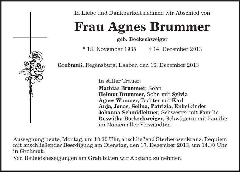 Traueranzeige Agnes Brummer