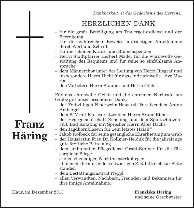 Traueranzeige Franz Häring