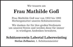 Traueranzeige Mathilde Goß