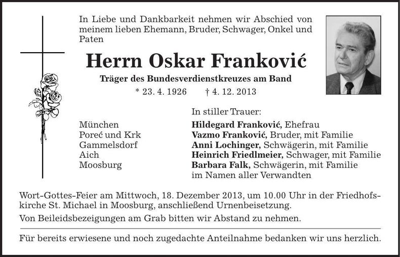 Traueranzeige Oskar Frankovic