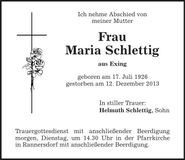 Traueranzeige Maria Schlettig