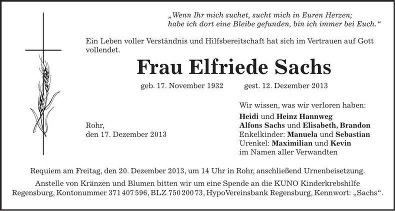 Traueranzeige Elfriede Sachs