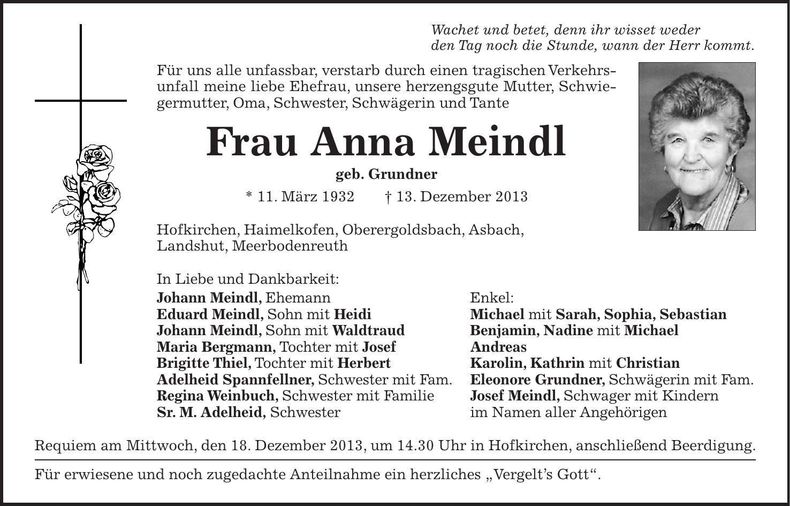 Traueranzeige Anna Meindl