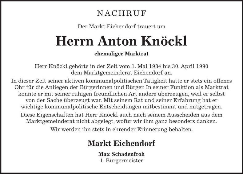 Traueranzeige Anton Knöckl