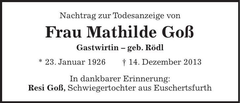 Traueranzeige Mathilde Goß