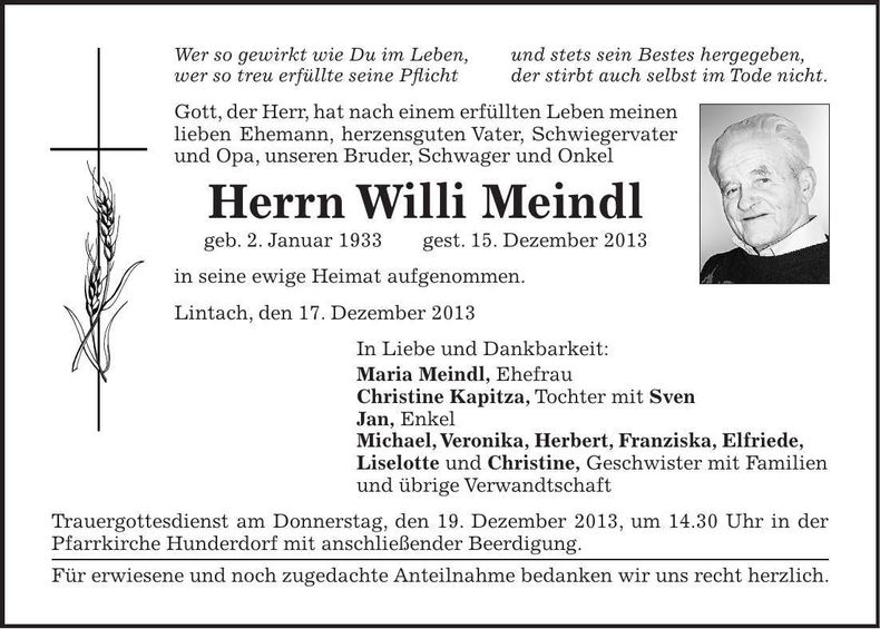 Traueranzeige Willi Meindl