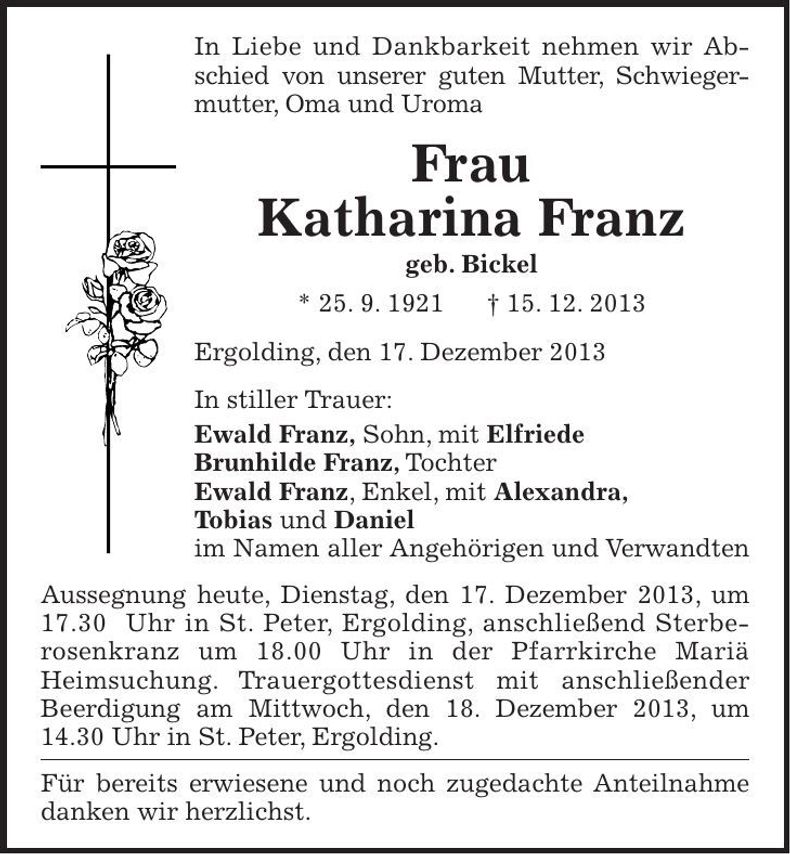 Traueranzeige Katharina Franz