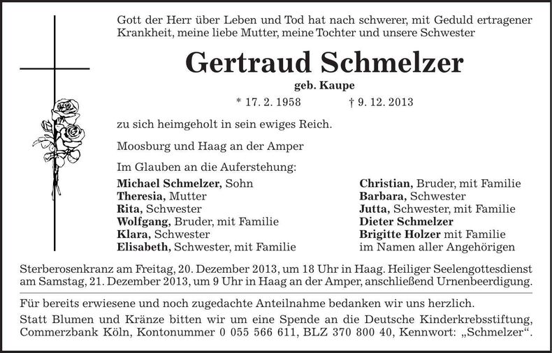 Traueranzeige Gertraud Schmelzer