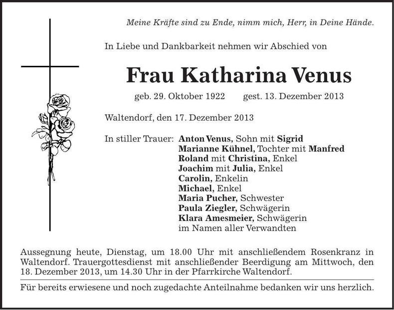 Traueranzeige Katharina Venus