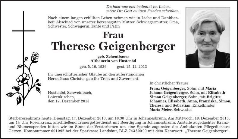 Traueranzeige Therese Geigenberger