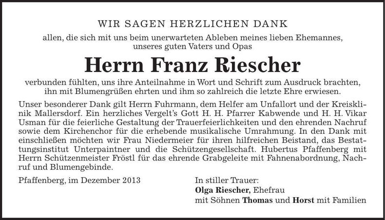 Traueranzeige Franz Riescher