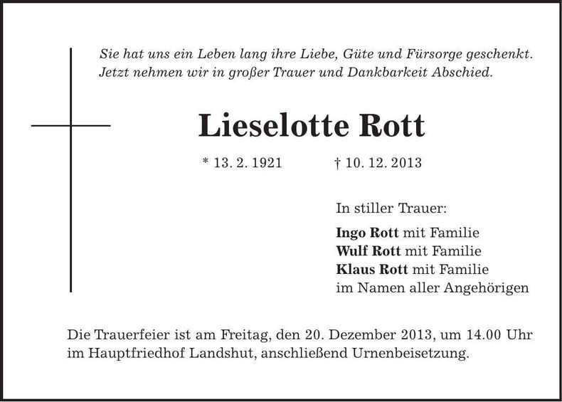 Traueranzeige Lieselotte Rott
