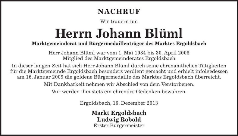 Traueranzeige Johann Blüml