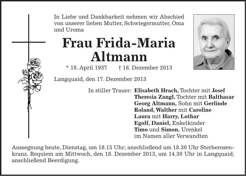 Traueranzeige Frida-Maria Altmann
