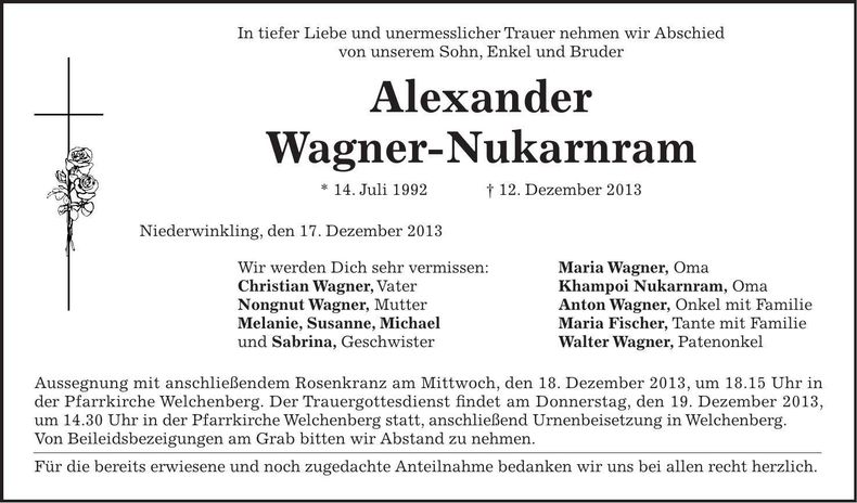 Traueranzeige Alexander Wagner-Nukarnram