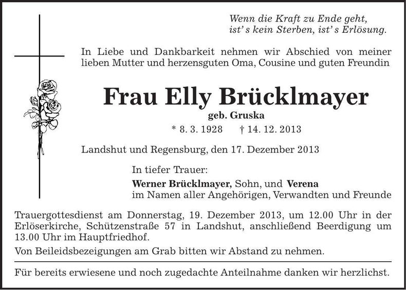 Traueranzeige Elly Brücklmayer