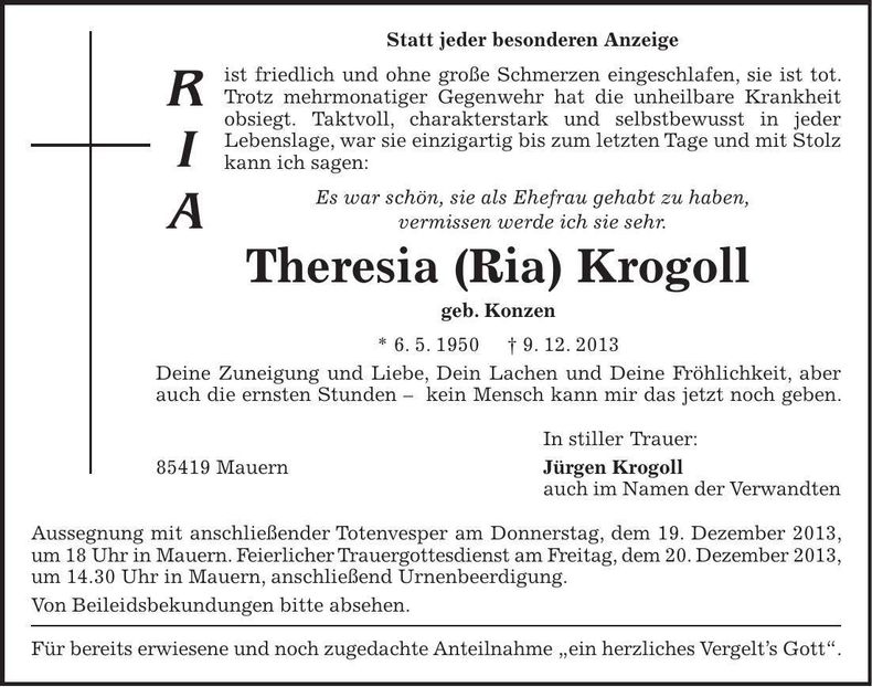 Traueranzeige Theresia (Ria) Krogoll