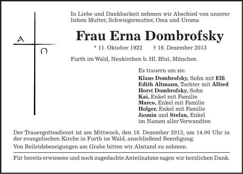 Traueranzeige Erna Dombrofsky
