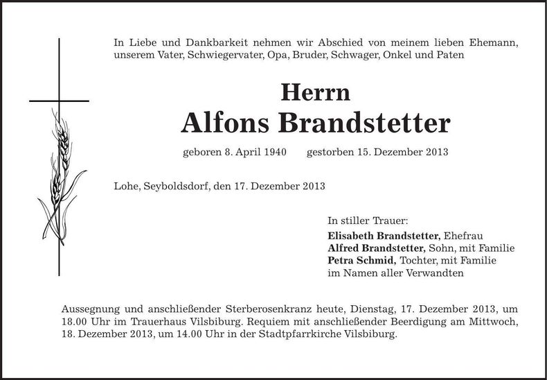 Traueranzeige Alfons Brandstetter