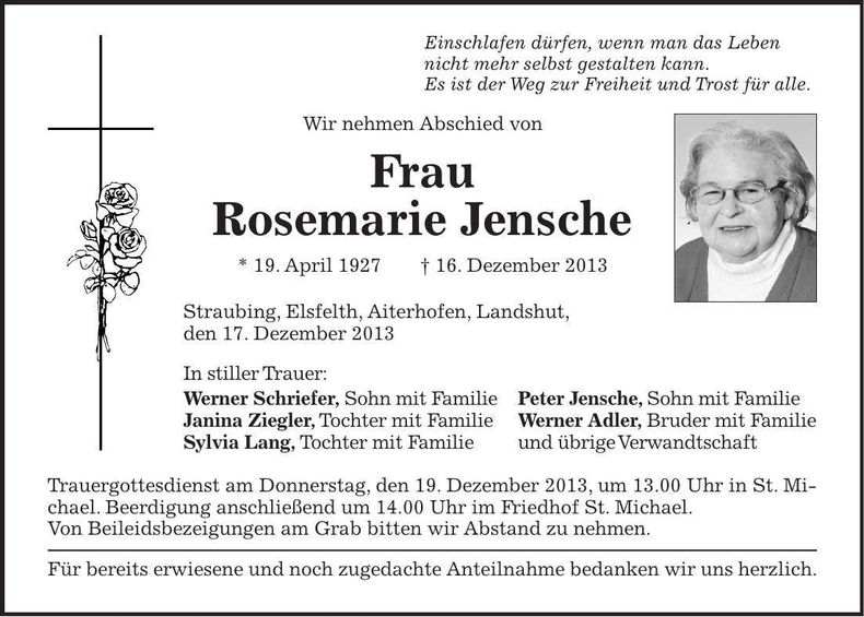 Traueranzeige Rosemarie Jensche