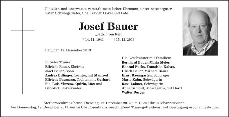 Traueranzeige Josef Bauer