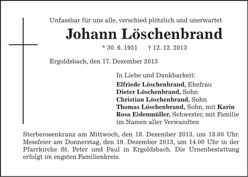 Traueranzeige Johann Löschenbrand