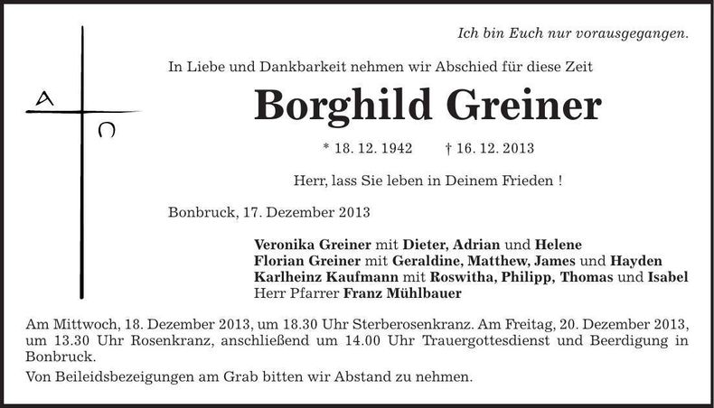 Traueranzeige Borghild Greiner