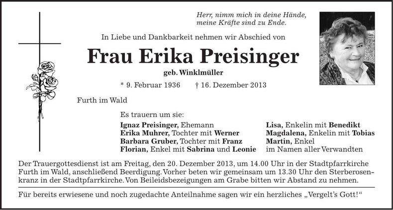 Traueranzeige Erika Preisinger