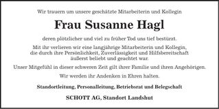 Traueranzeige Susanne Hagl