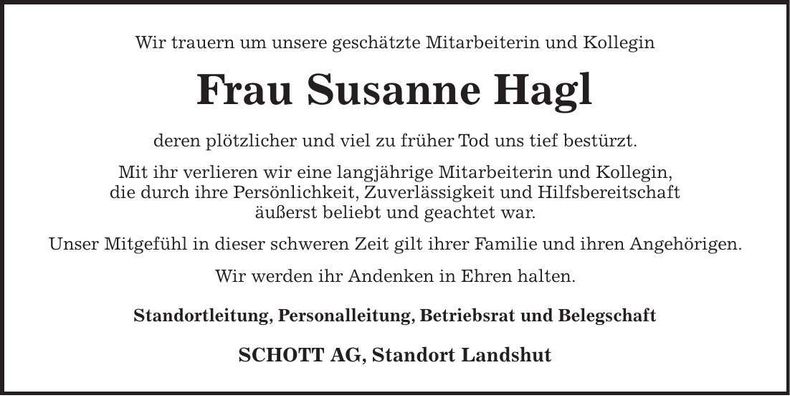 Traueranzeige Susanne Hagl