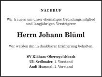 Traueranzeige Johann Blüml
