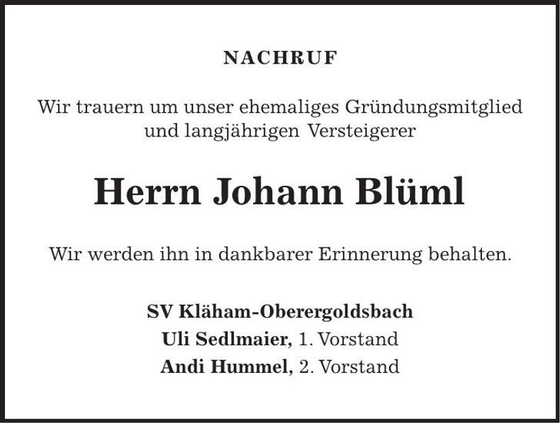 Traueranzeige Johann Blüml