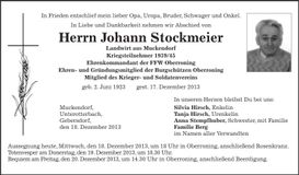 Traueranzeige Johann Stockmeier