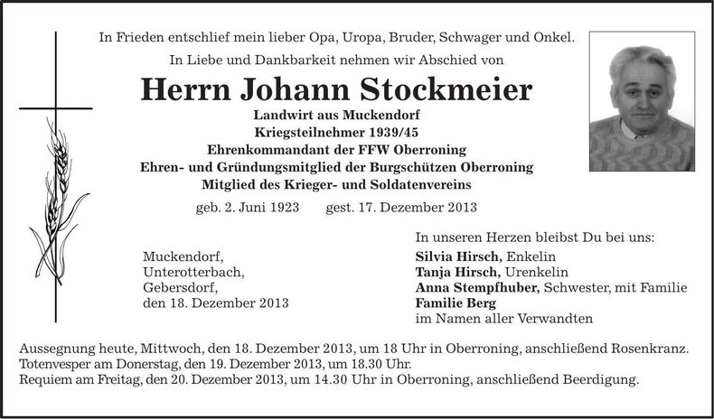 Traueranzeige Johann Stockmeier
