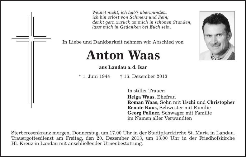 Traueranzeige Anton Waas