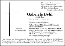 Traueranzeige Gabriele Behl