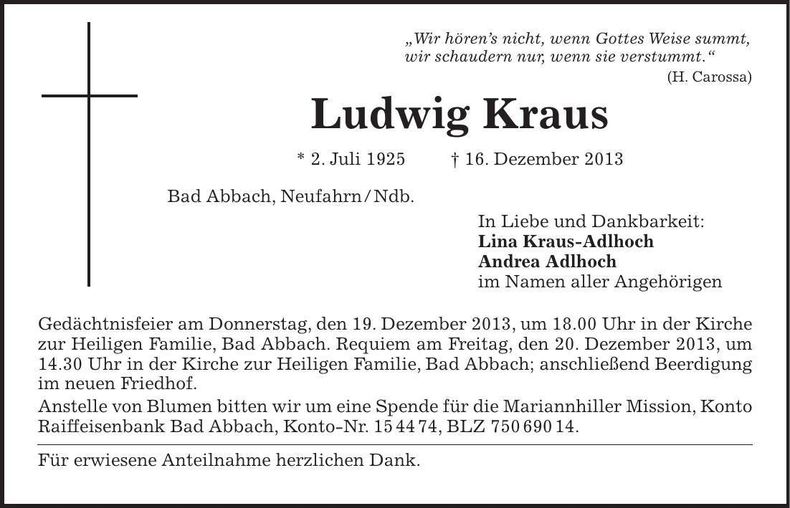 Traueranzeige Ludwig Kraus