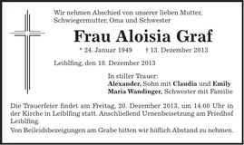 Traueranzeige Aloisia Graf