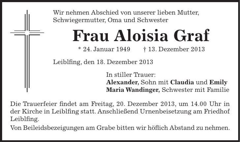 Traueranzeige Aloisia Graf