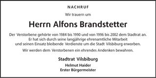 Traueranzeige Alfons Brandstetter
