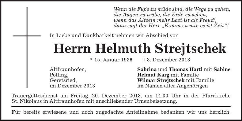Traueranzeige Helmuth Strejtschek