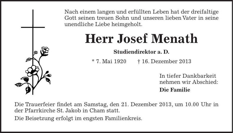 Traueranzeige Menath Josef