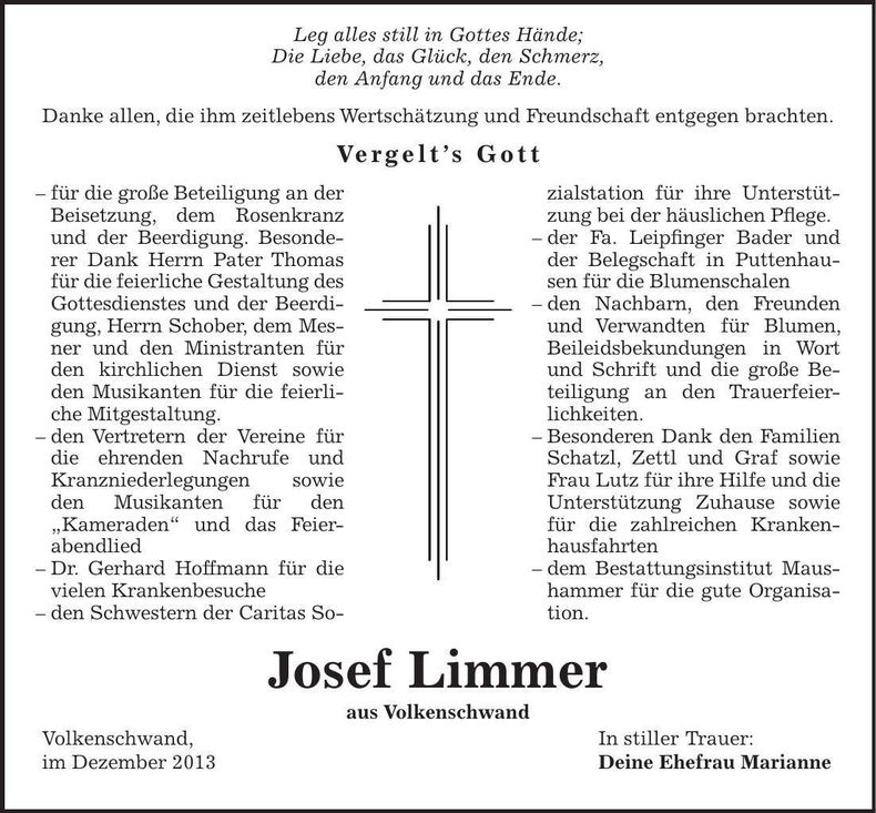 Traueranzeige Josef Limmer