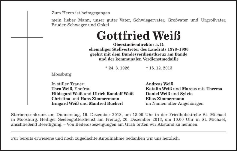 Traueranzeige Gottfried Weiß